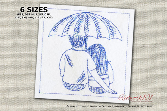 Couple Dating Under Umbrella Redwork Embroidery Design