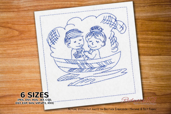 Lovely Couple in Boat Redwork for Business Merchandise